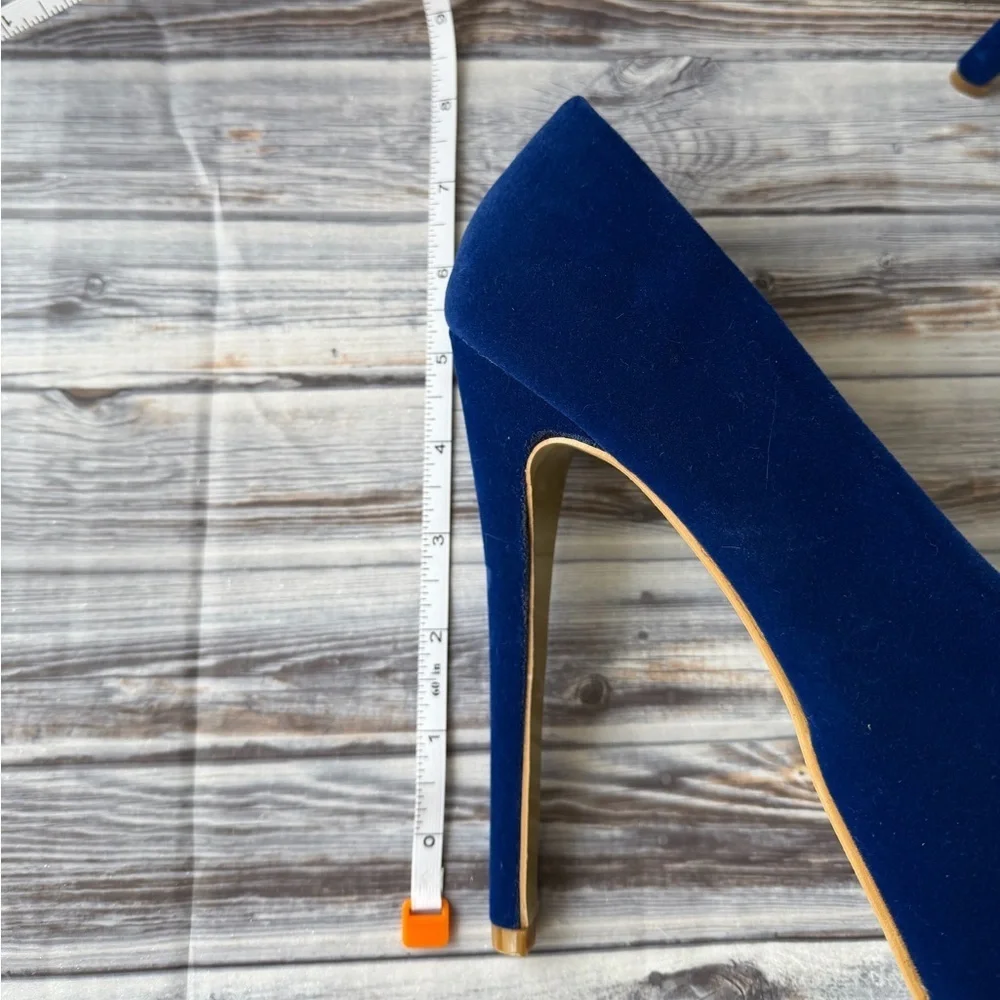 OCHENTA Women's Platform Slip On High Heels Dress Pumps Blue Velvet stilettos